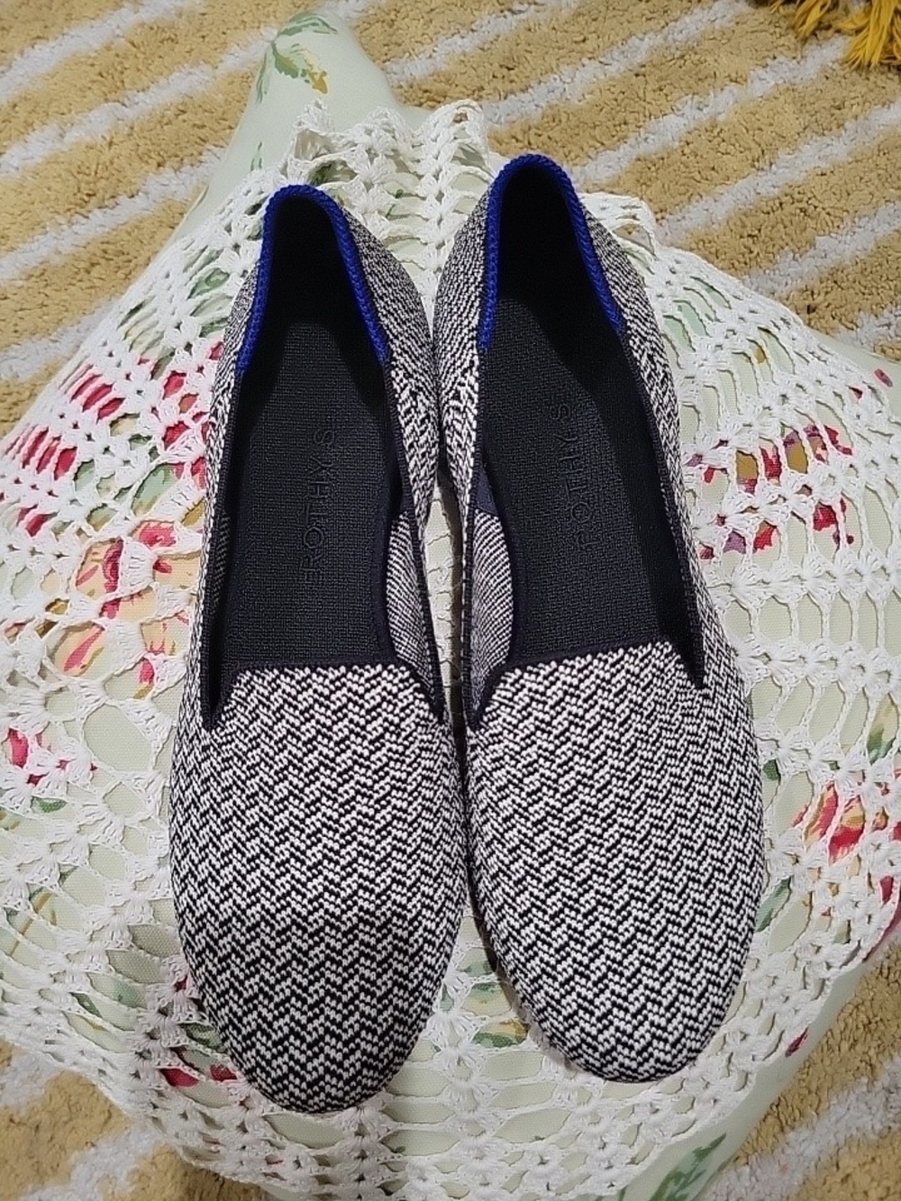 Rothy's Black and White Woven Slip-On Flats with Blue Trim